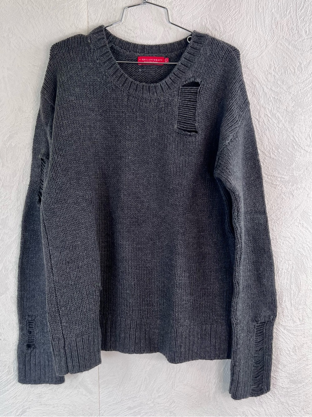 n:Philanthropy Dark Gray Distressed 100% Merino Wool Crewneck Sweater Size Large